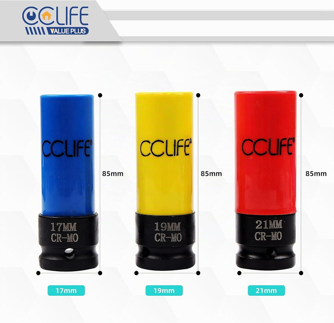 CCLIFE 3tlg 1/2" Schlagschrauber Nüsse 85mm Schoneinsätze 17 19 21mm Cr-Mo Schonnüsse für Alufelgen