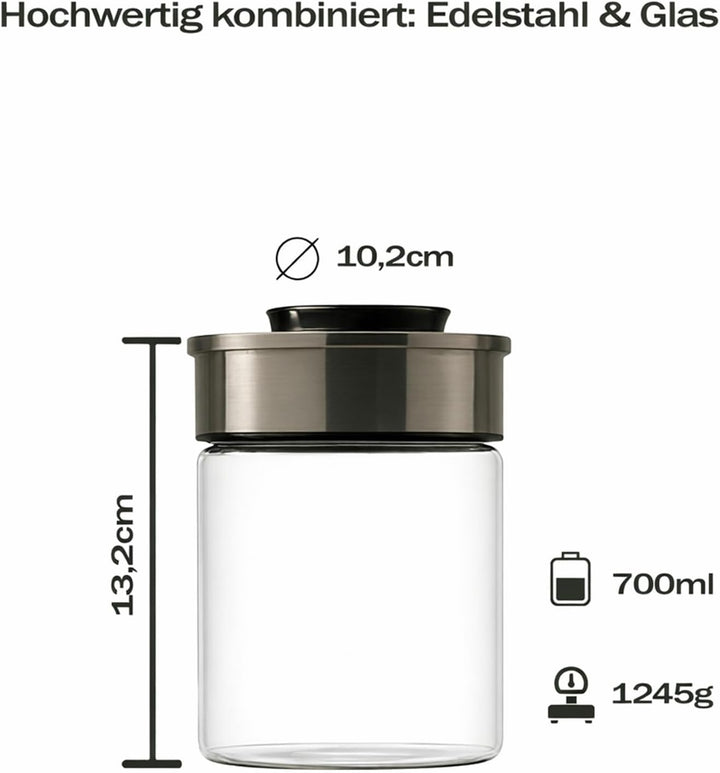 BURI Vorratsglas Vakuumglas 3er Set 700ml | Vorratsdosen Glas mit Edelstahl Deckel & Vakuum Klick-Me