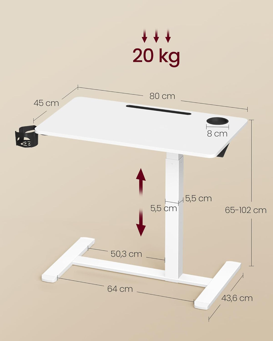 VASAGLE Beistelltisch mit Rollen, mobiler Stehtisch, 80 x 45 cm grosse Tischplatte, verstellbare Höh