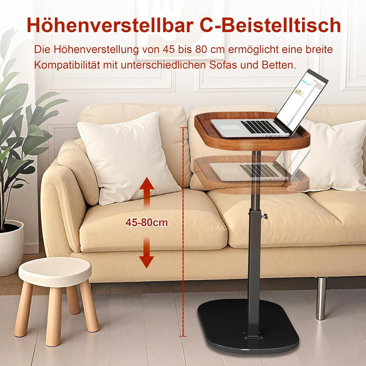 Höhenverstellbarer Beistelltisch mit erhöhtem Rand 30x45cm, Kleiner C-Form Betttisch Sofatisch mit 3