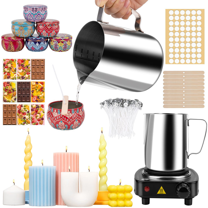 JelyArt Kerzenherstellung Kit Kerzen Selber Machen Set inkl Wachsschmelztopf (900ml), 6 Dosen, 100 D