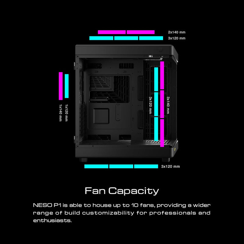 GAMDIAS NESO P1 ATX-Gehäuse (Full Tower ATX, One-Touch-Swing-Open), Panorama-Hartglasscheibe, Dual-C