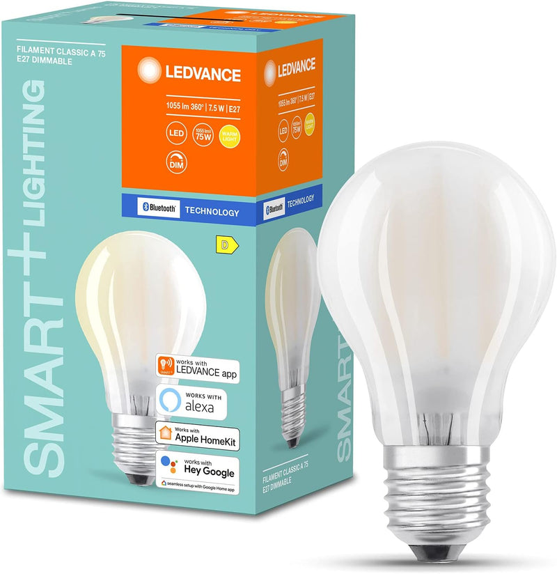 LEDVANCE Smarte LED-Lampe mit Bluetooth Mesh, Mattes E27 Leuchtmittel mit Birnenform, Dimmbar, Warmw