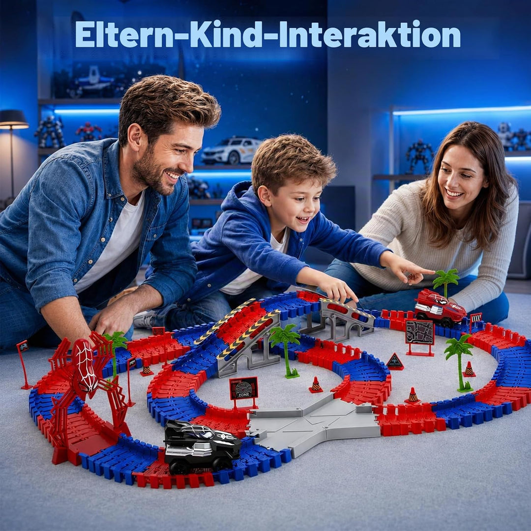 Spider Autorennbahn Set mit 2 Elektroautos, 212PCS Flexibles Auto Rennbahn Spielzeug, Kinder Weihnac