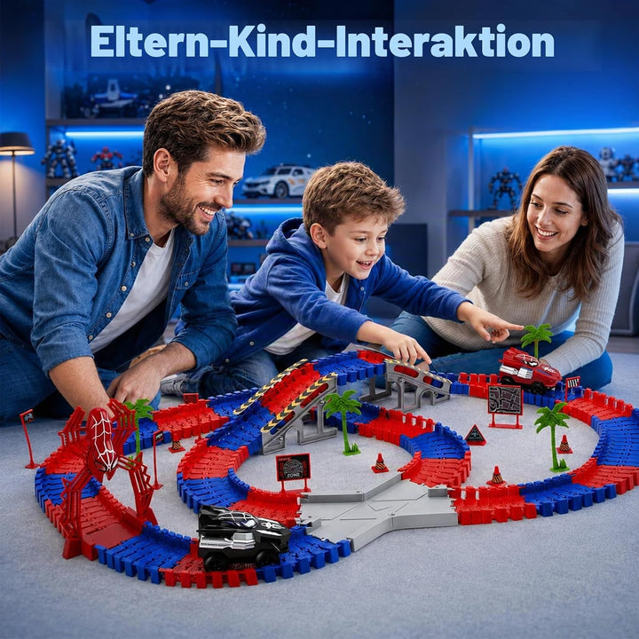 Spider Autorennbahn Set mit 2 Elektroautos, 212PCS Flexibles Auto Rennbahn Spielzeug, Kinder Weihnac