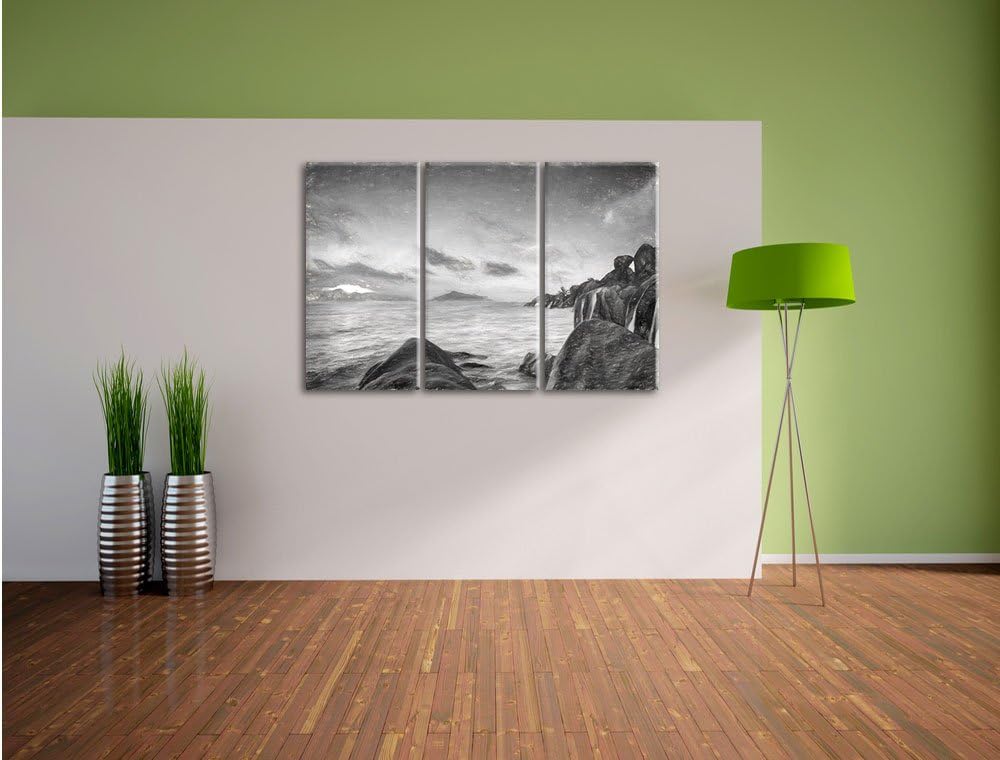 Pixxprint Sonnenuntergang Seychellen Kunst Kohle Effekt 3-Teiler Leinwandbild 120x80 Bild auf Leinwa