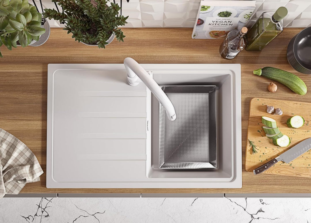 PRIMAGRAN Granitspüle Weiss 78x50cm, Granitspüle 1 Becken + Ablauf-Set, Küchenspüle ab 45er Untersch