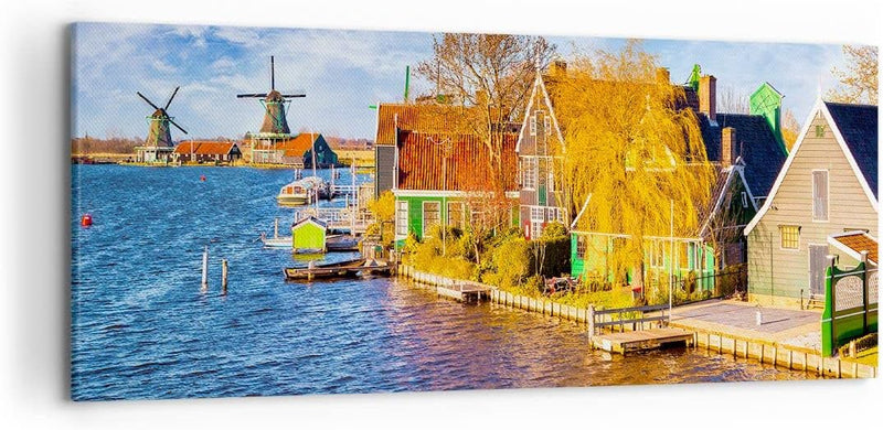 Wandbilder Dekoration Wohnzimmer Landschaft Windmühle Wasser Dorf Panorama Bilder auf Leinwand 120x5