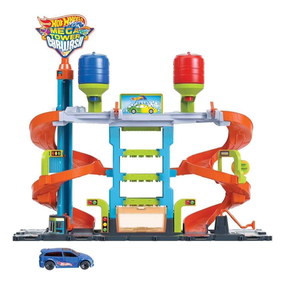 Hot Wheels City Autorennbahn mit Autowaschanlage, mit Farbwechseleffekt inkl. 1 Spielzeugauto, Auto