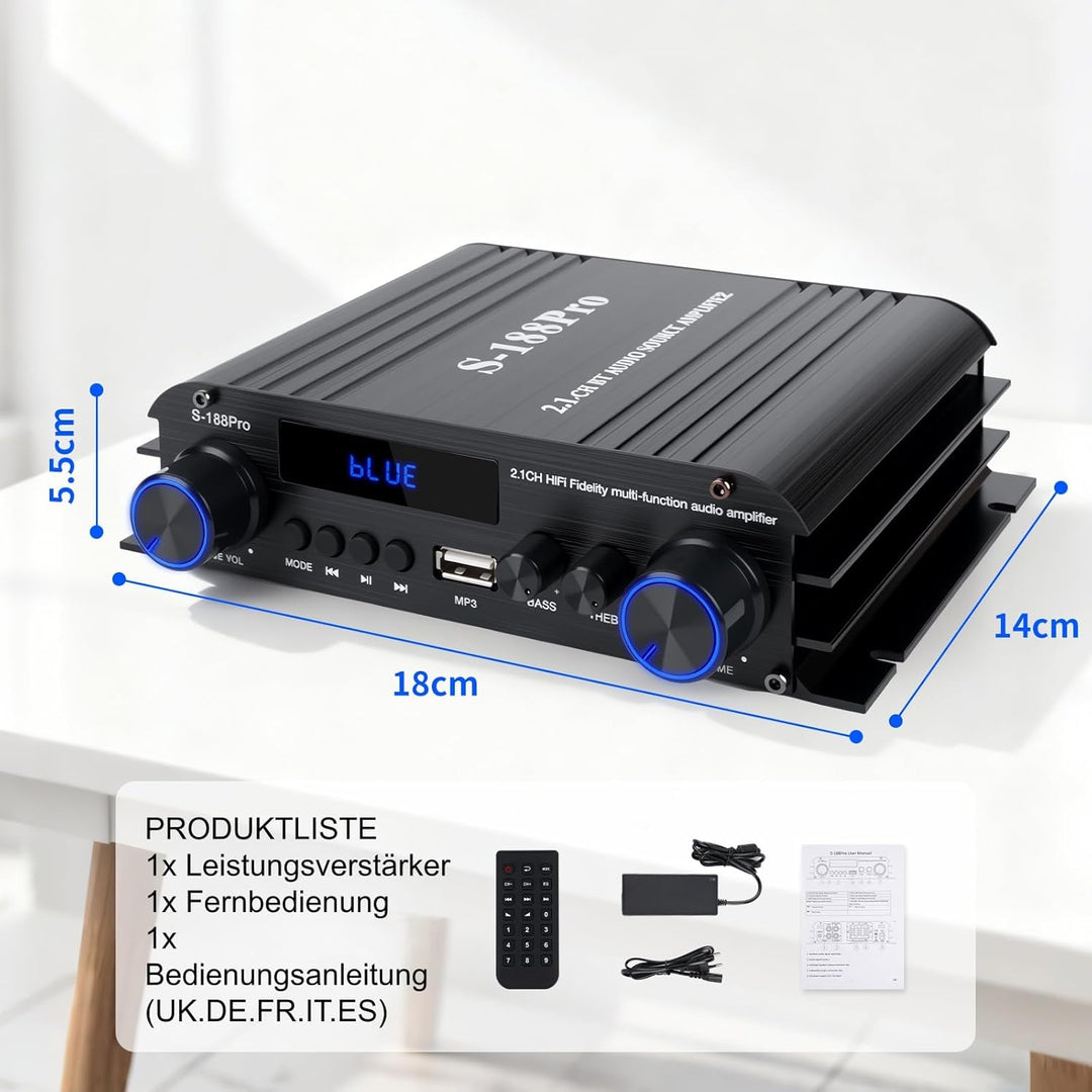 2.1 Kanal Mini hifi Verstärker - Bluetooth 5.3 Audioverstärker mit 1000W Peak | 50W×2 RMS + Subwoofe