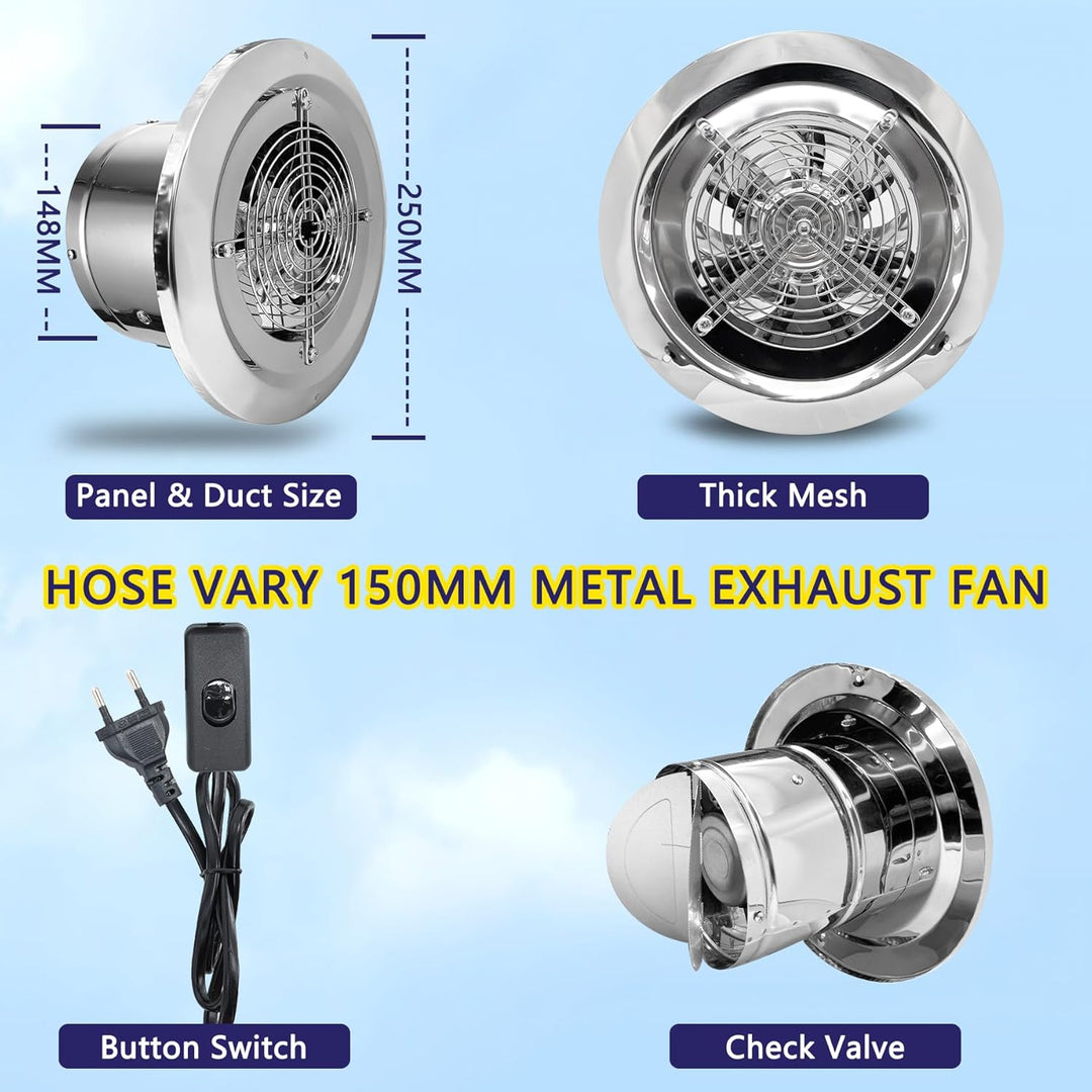 Abluftventilator 150mm Badlüfter, 480m³/h mit Rücklaufklappe Metall Wandventilator mit EU-Stecker fü