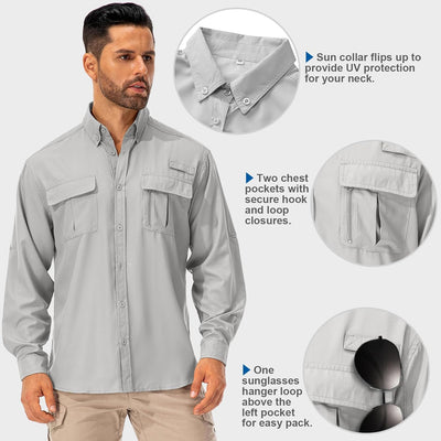 Asfixiado Hemd Herren Safari UPF50+ UV Schutz Wanderhemd Herren Langarm Funktionshemd Outdoorhemd At