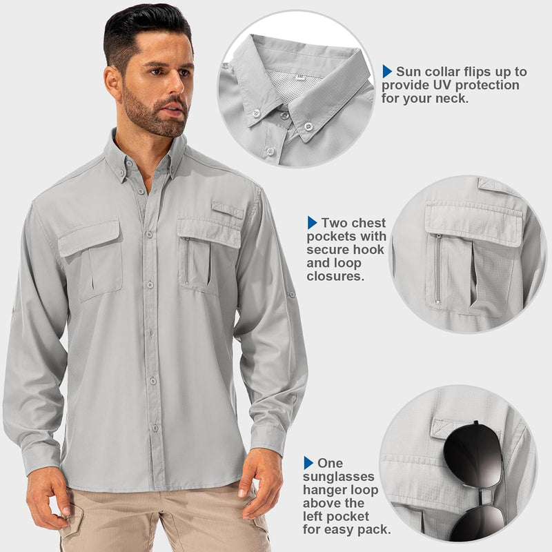 Asfixiado Hemd Herren Safari UPF50+ UV Schutz Wanderhemd Herren Langarm Funktionshemd Outdoorhemd At