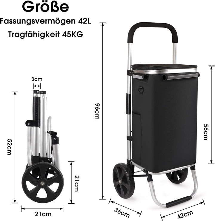 Einkaufstrolley klappbar mit 42L Volumen, Einkaufswagen mit Deckel Klappbarer Trolley zum Einkaufen,