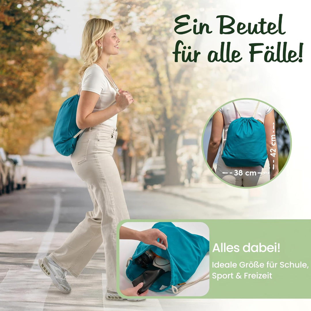 Baumwoll 10er Set Petrol farbene Turnbeutel Sportbeutel Zuziehbeutel Gymsack Sack Jute Schule Rucksa