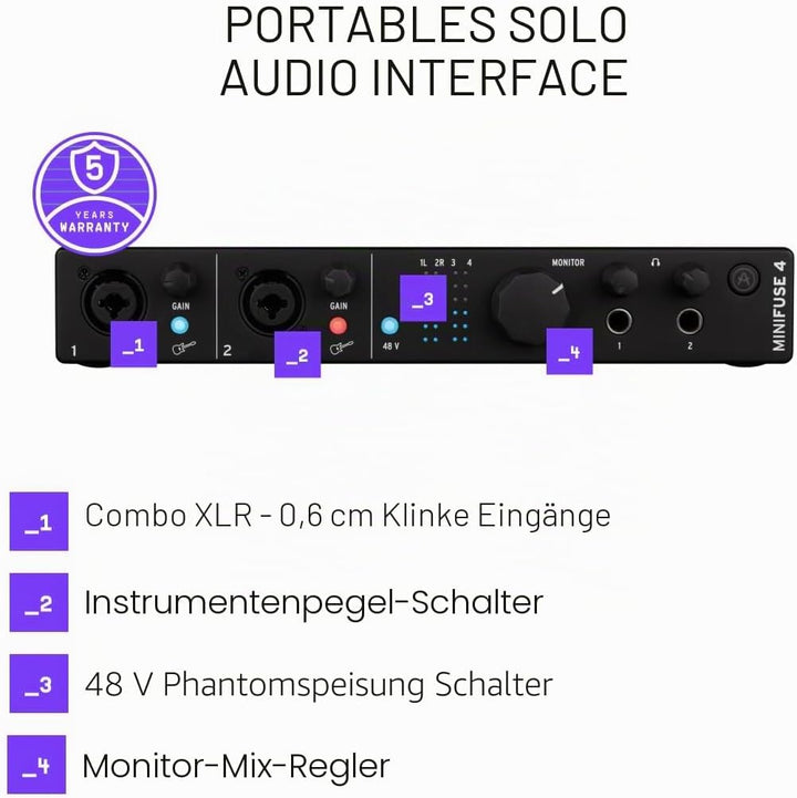 Arturia - MiniFuse 4 - Kompaktes USB-Audio-Interface mit Kreativer Software für Hochwertige Aufnahme