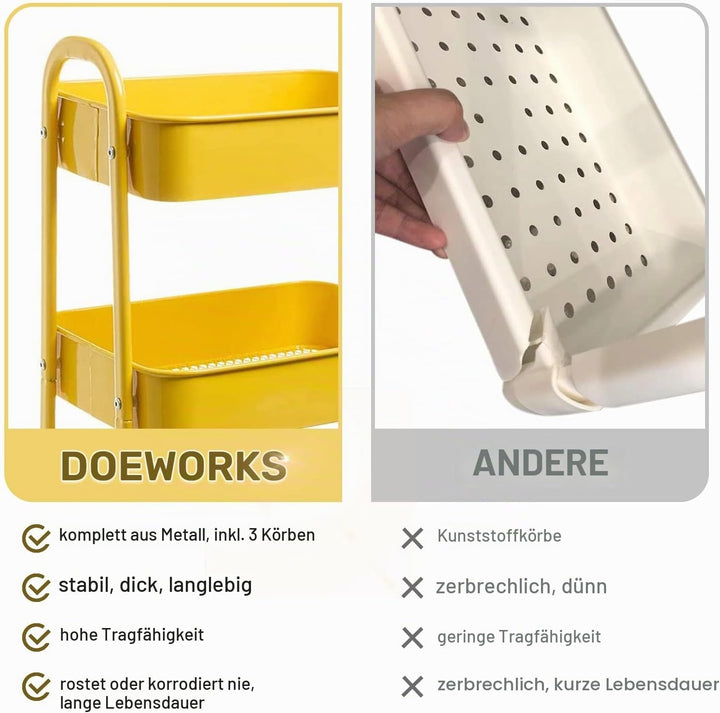 DOEWORKS Aufbewahrungswagen 3-Etagen Metall Utility Cart Rollwagen Organizer Wagen mit Rädern für Kü