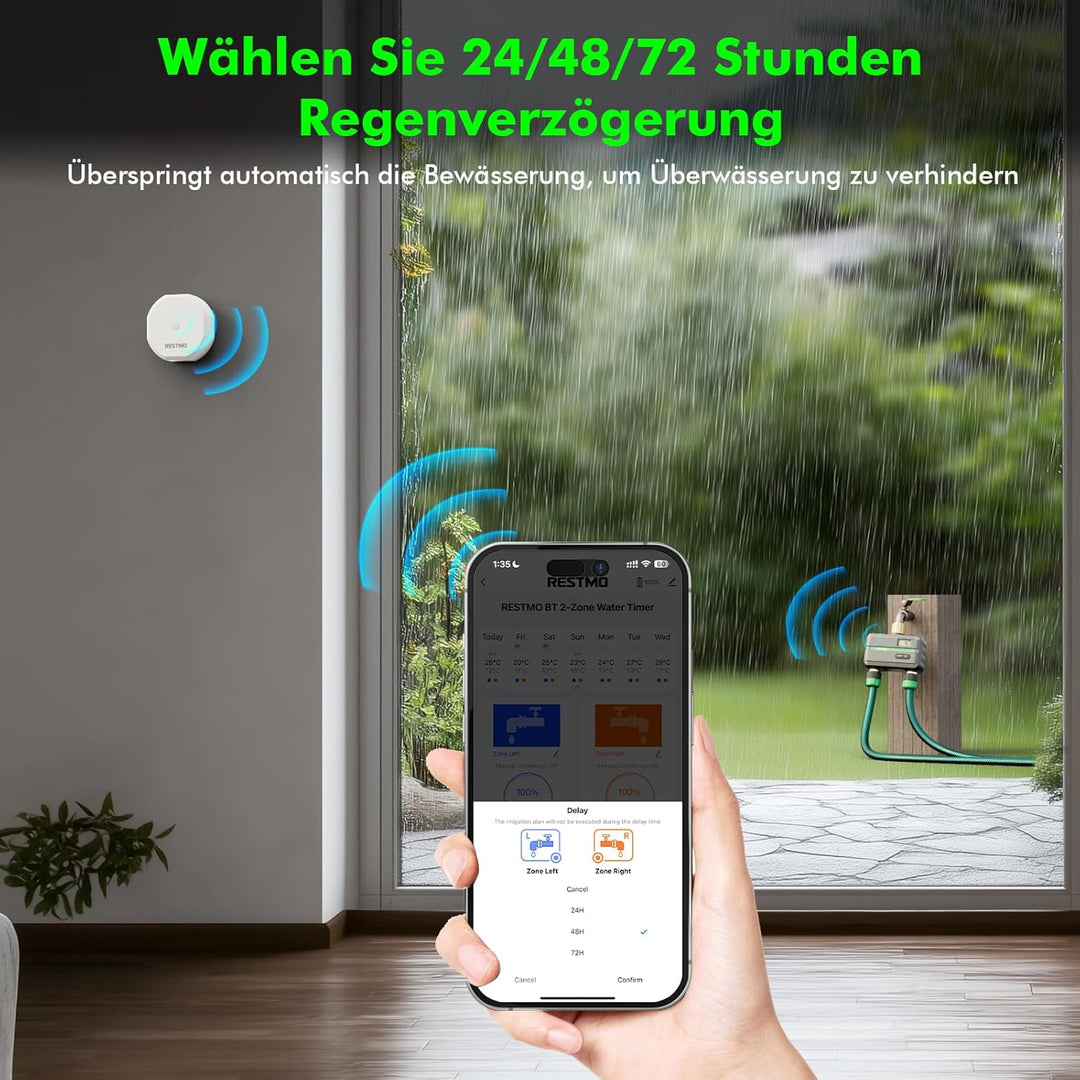 RESTMO 2 Zone Bewässerungscomputer mit Durchflussmesser, Bewässerungssteuerung für Garten &amp; Rasen, M