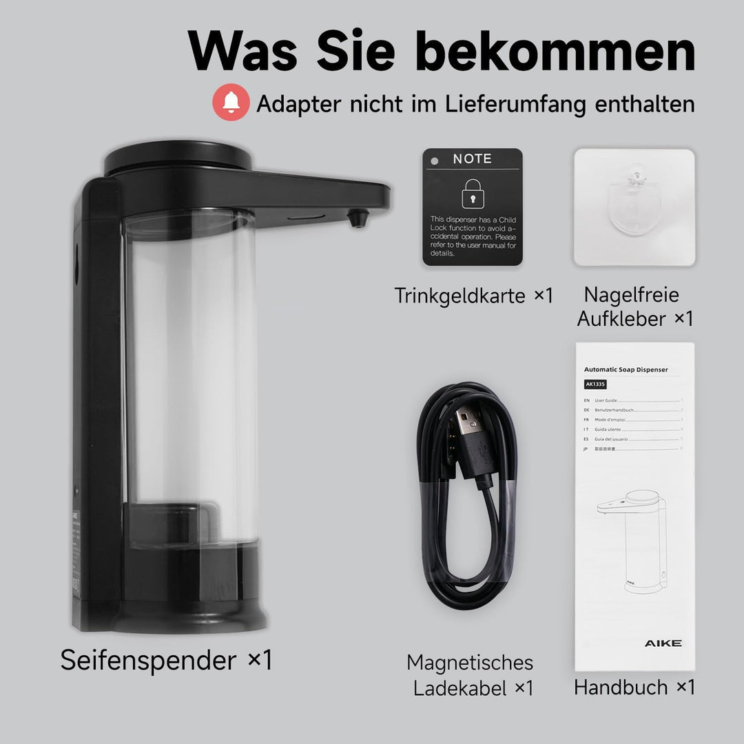 AIKE Automatischer Seifenspender mit Infrarotsensor 500ml, Schwarz Wandmontierter Automatischer Seif