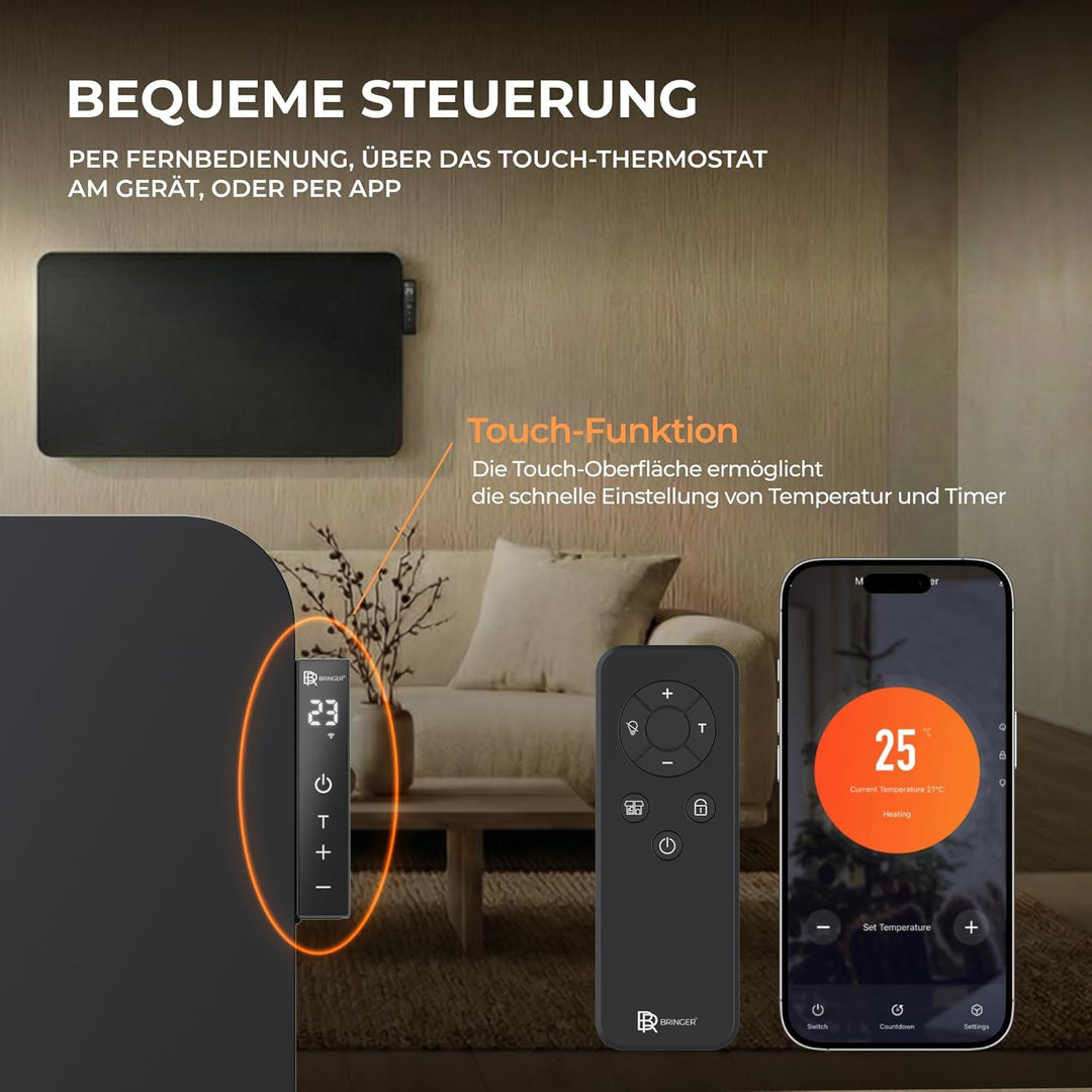 BR Bringer Hybrid Infrarotheizung 2000 Watt mit Konvektion - Smart Thermostat, WIFI & App - für Wand