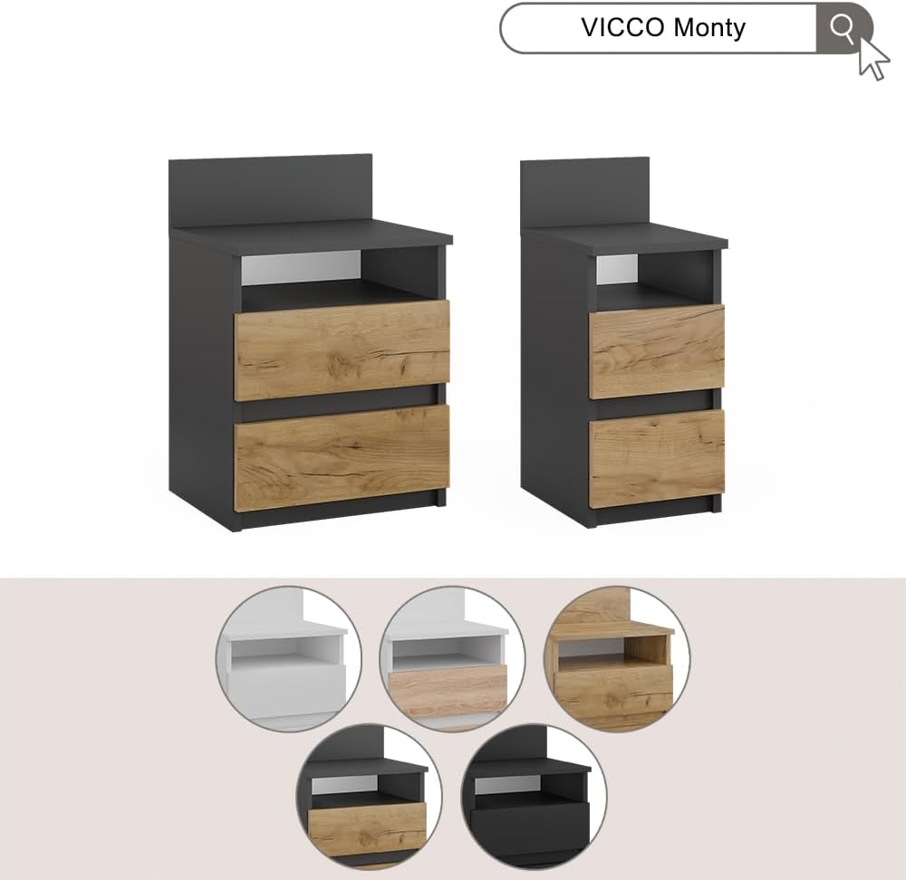 Vicco Nachttisch Monty, Schwarz, 39.6 x 59.1 cm 40 x 59 cm Einzeln Schwarz, 40 x 59 cm Einzeln Schwa
