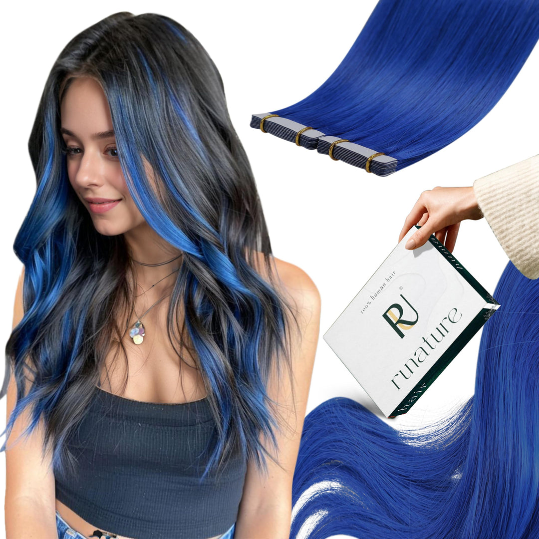 RUNATURE Tape in Extensions Echthaar Blau 40cm Bunte Gerades Tape Haarverlangerung Echthaar Blue Uns
