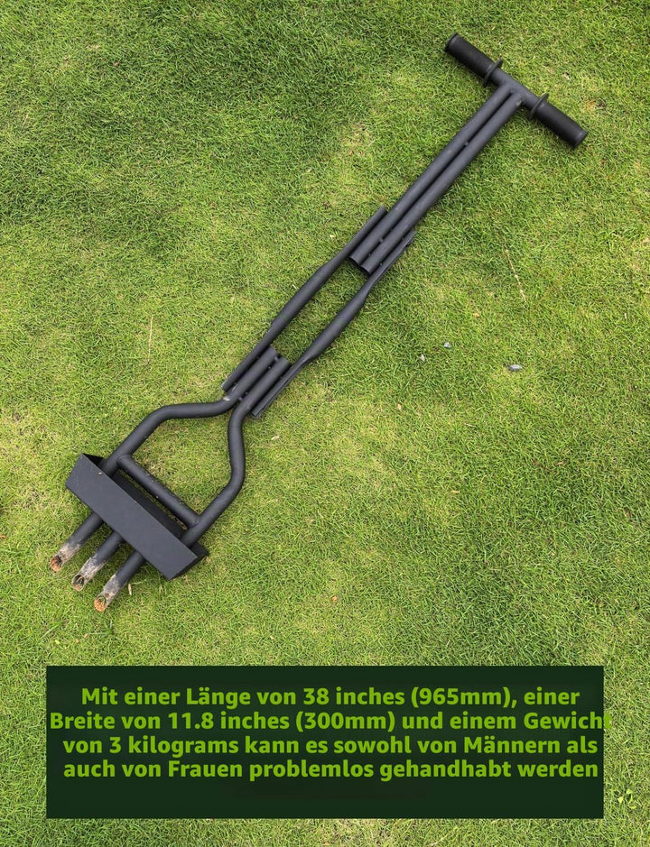 Manueller Rasenbelüfter mit 3 Hohlspoon-Zinken &amp; Auffangrahmen schwarz, 99cm Länge &amp; 21.5cm Breite,