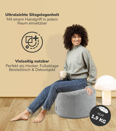 mokebo® Pouf, Hocker o. Sitzhocker aus Cord 40x60 cm 'Der Faule Lenz', Bodenkissen rund in Grau, Fus