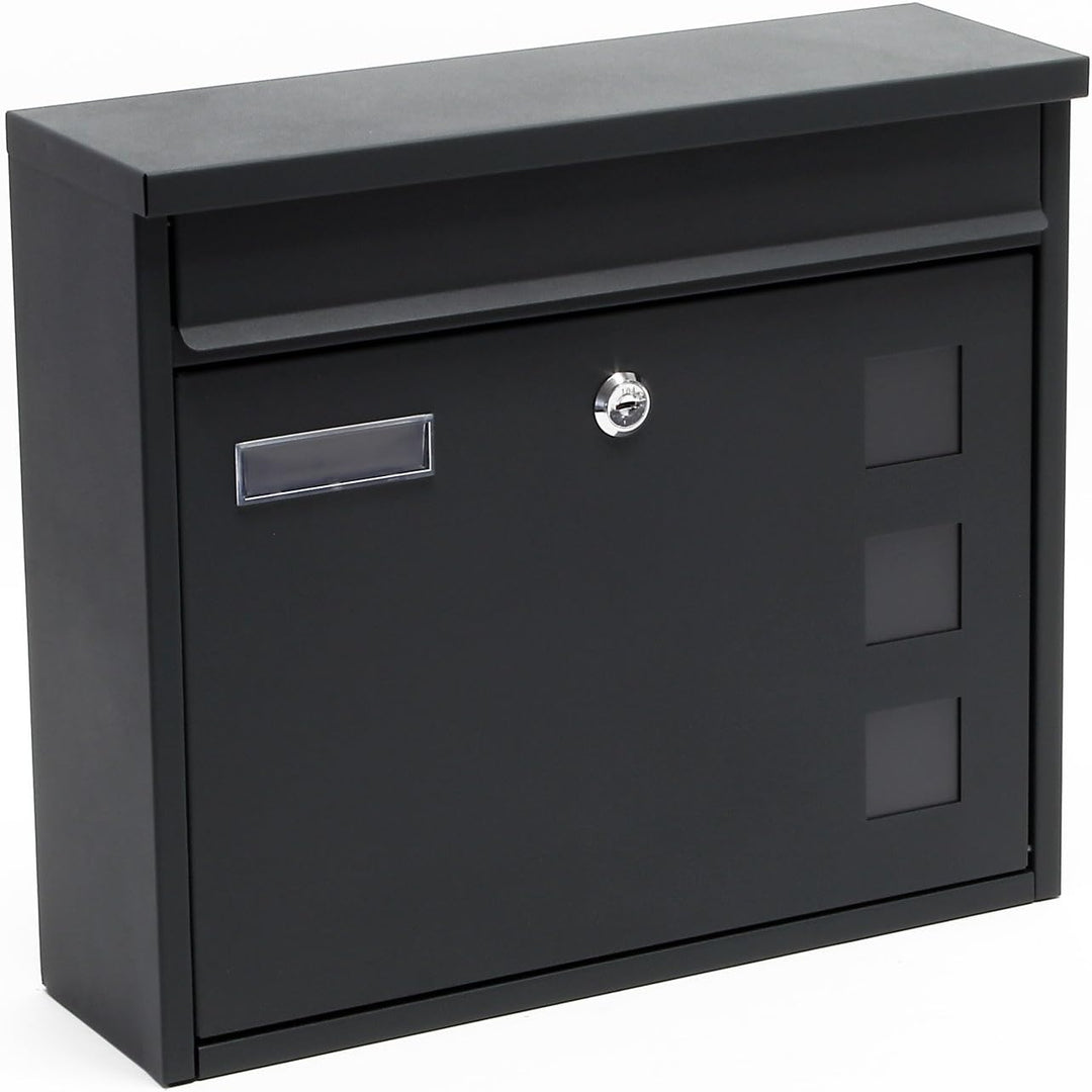 Wiltec Briefkasten V12 Anthrazit 360 x 115 x 320 mm, Wandbriefkasten mit Schloss, Sichtfenstern und