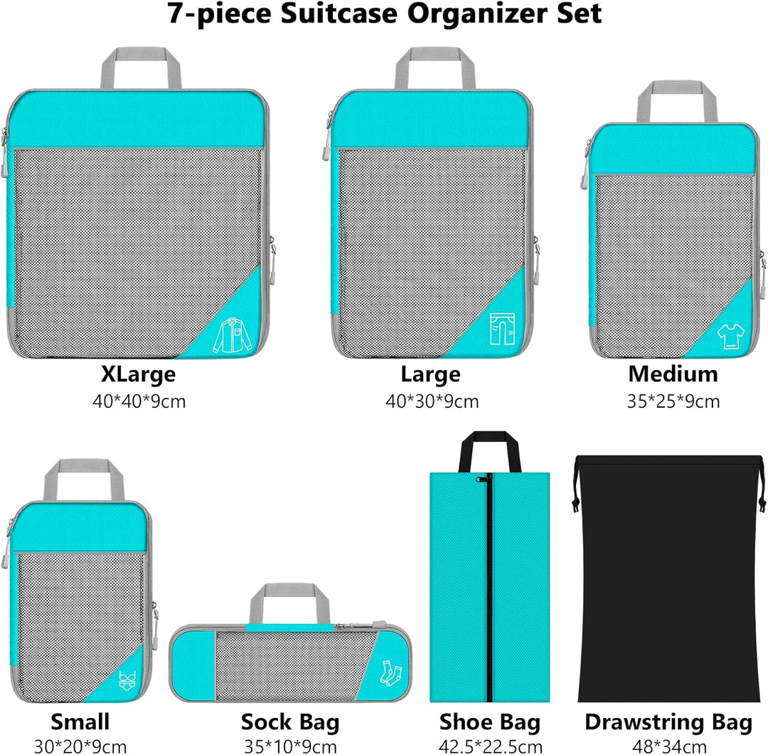 Koffer Organizer Set 7-teilig, Packtaschen mit Kompression, Compression Packing Cubes für Rucksack u