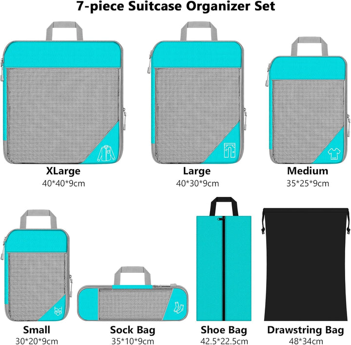 Koffer Organizer Set 7-teilig, Packtaschen mit Kompression, Compression Packing Cubes für Rucksack u