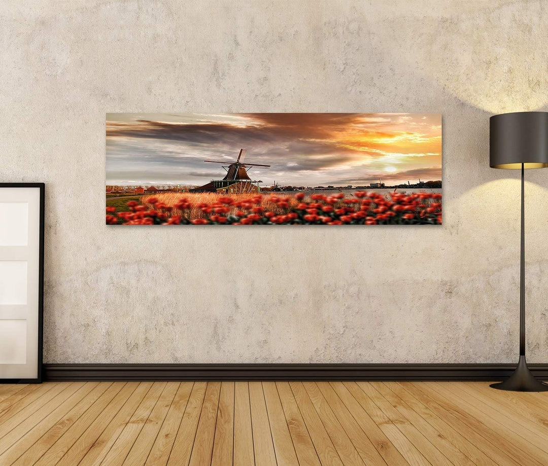 islandburner Bild auf Leinwand Traditionelle Holländische Windmühlen Mit Roten Tulpen In Zaanse Scha