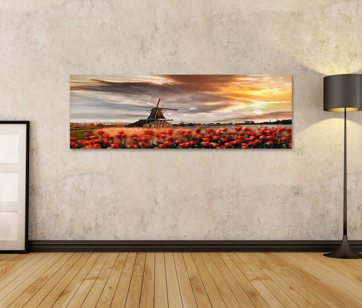 islandburner Bild auf Leinwand Traditionelle Holländische Windmühlen Mit Roten Tulpen In Zaanse Scha