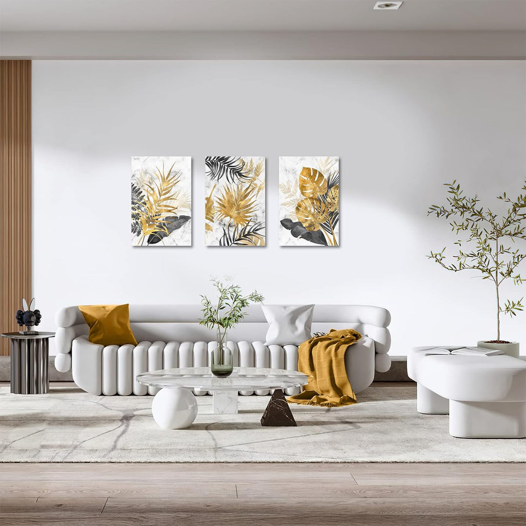 3 Teilig Leinwandbilder Bilder mit Rahmen Abstrakt Grau Gold Blätter bild auf leinwand Wandkunst Mod