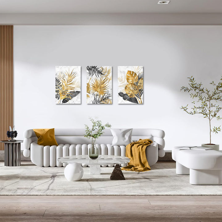 3 Teilig Leinwandbilder Bilder mit Rahmen Abstrakt Grau Gold Blätter bild auf leinwand Wandkunst Mod