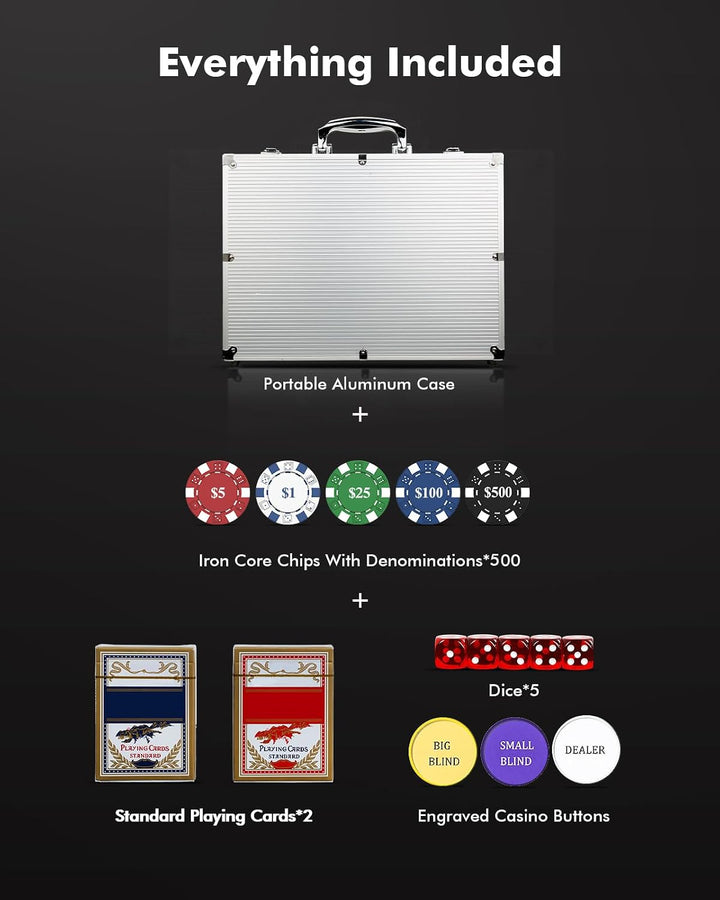 HEITOK Pokerkoffer, Poker Set mit 500 Stück ohne Wert 11,5 Gramm und Aluminium-Tragkoffer für Freize