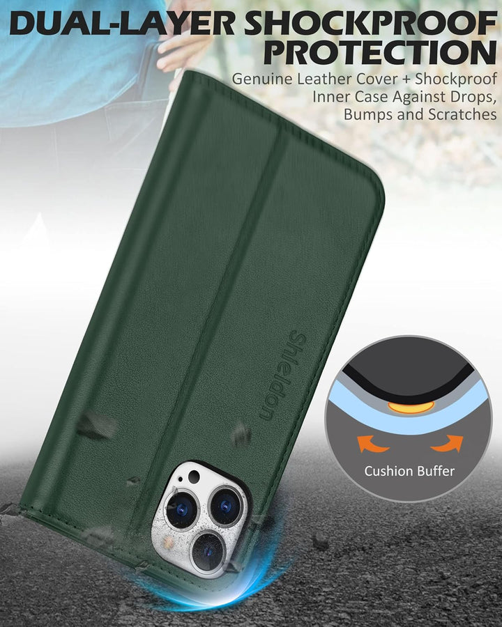 SHIELDON Hülle für iPhone 13 Pro Max Lederhülle [Echtleder] [RFID-Sperre] [Kartenfach] [Magnet] TPU