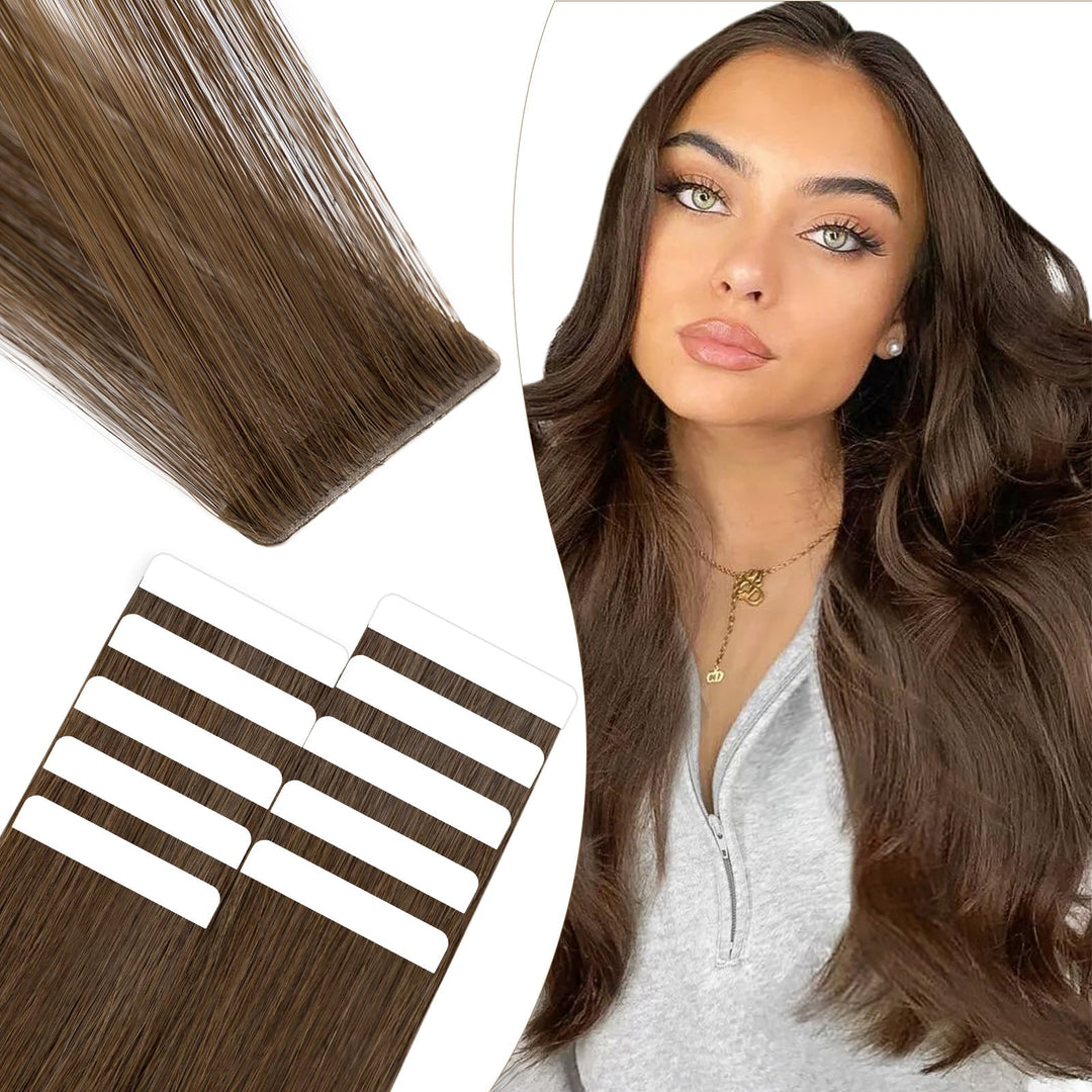 Elailite Tape Extensions Echthaar #04 Schokobraun, 10 Stück Unsichtbar Kleber Haarverlängerungen 20g