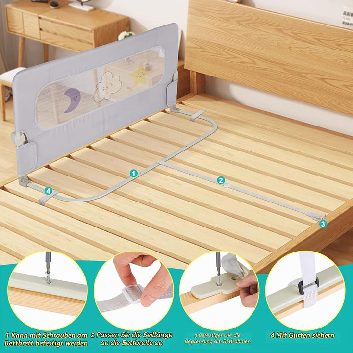welspo Bettgitter Bettschutzgitter Bettgitter mit Kindermotiven, Rausfallschutz für Kinderbett, Grau