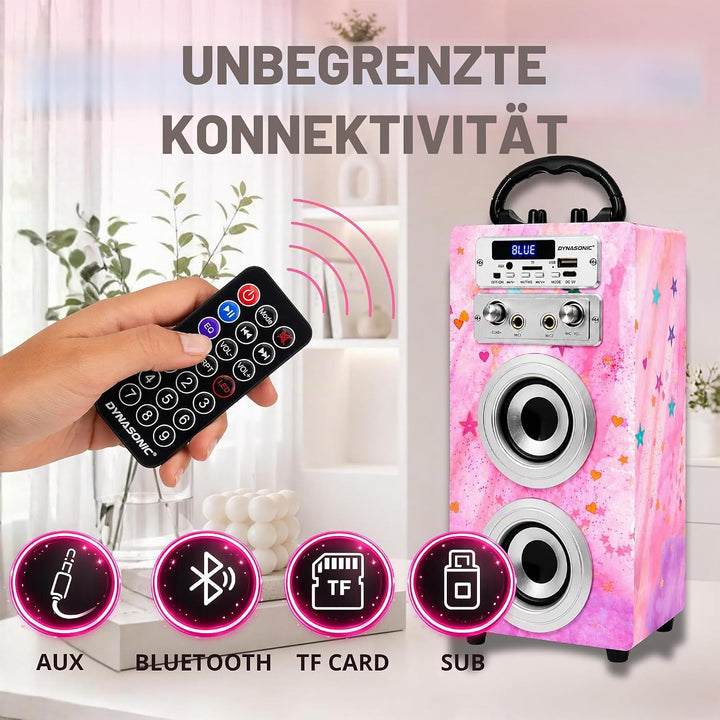 DYNASONIC Karaoke mit 2 Mikrofonen, tragbarer Karaoke-Maschine, Bluetooth-Lautsprecher, USB- und SD-