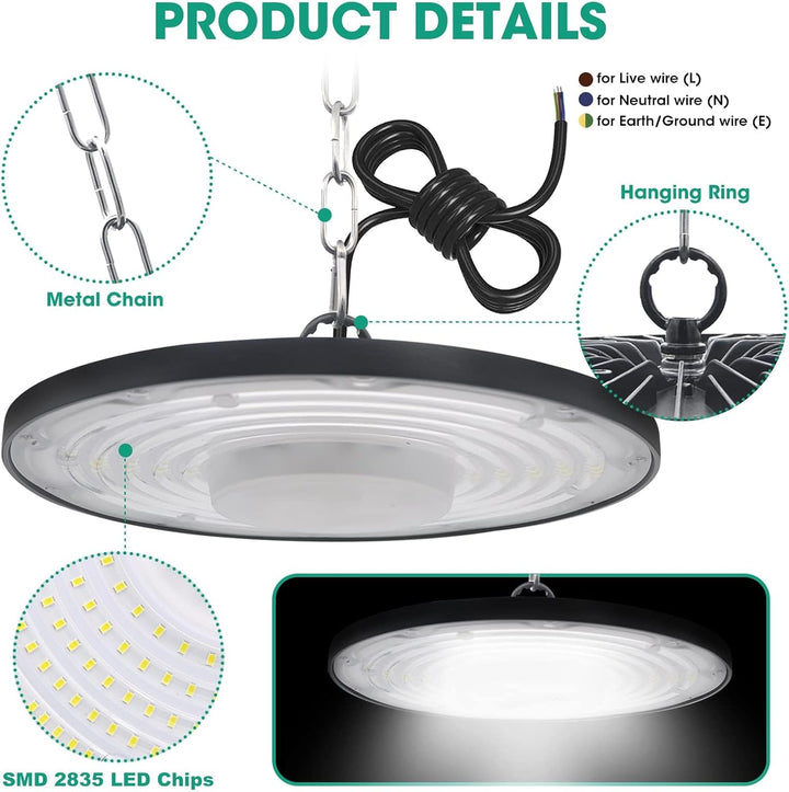 Jefedana 200W LED Strahler Industrielampe, UFO LED Werkstattlampe IP65 LED High Bay Licht, UFO LED W