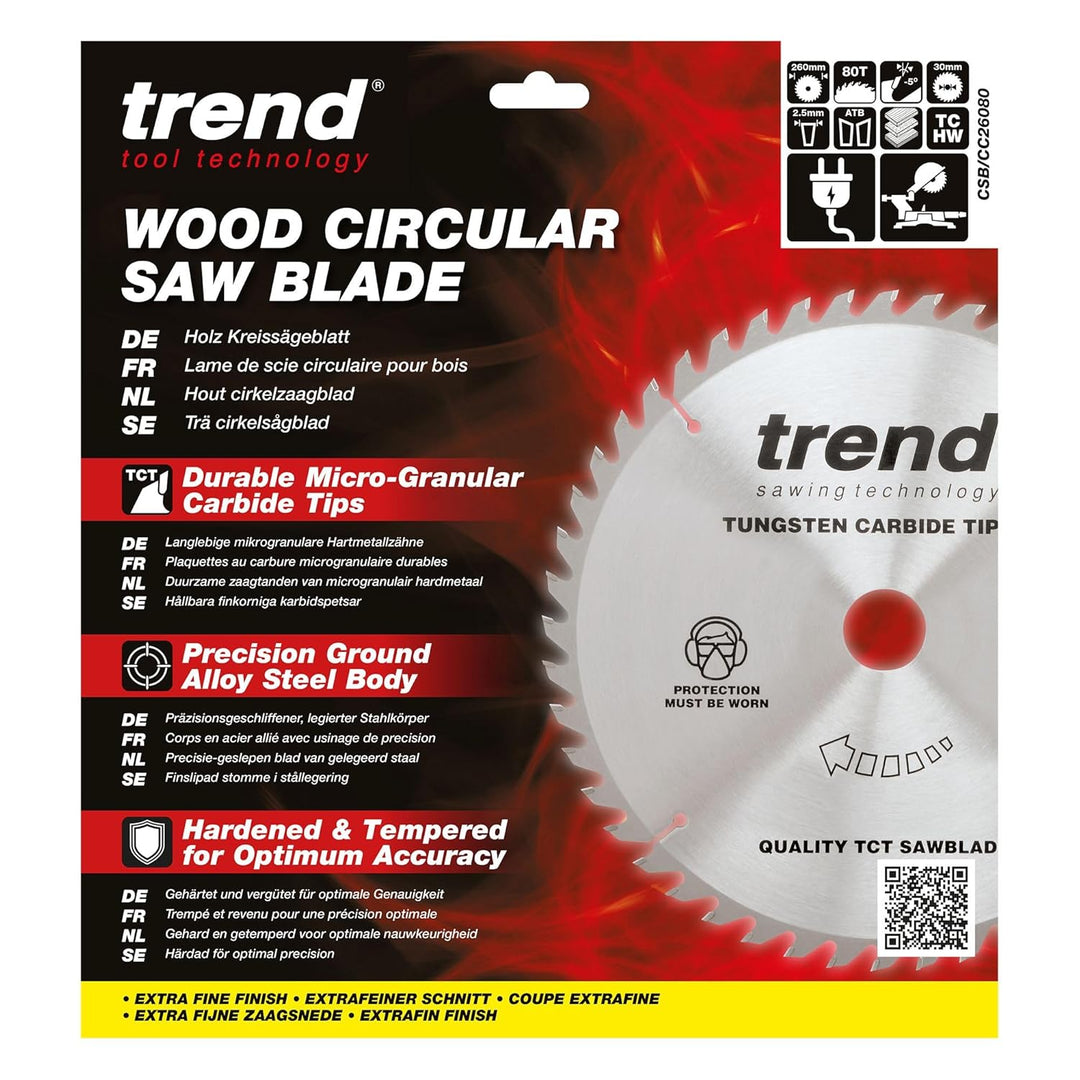 Trend Holz Kappsägeblatt, 260mm Durchmesser, 30mm Bohrung, 80 Zähne, HW, 2,3mm Schnittbreite, -5° Ha