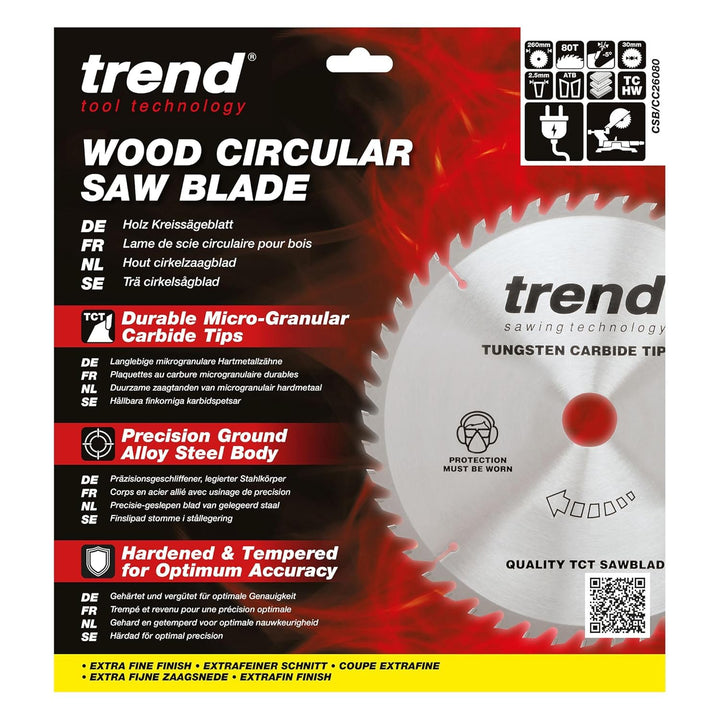 Trend Holz Kappsägeblatt, 260mm Durchmesser, 30mm Bohrung, 80 Zähne, HW, 2,3mm Schnittbreite, -5° Ha