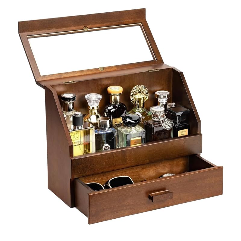 Parfüm Organizer aus Holz - Premium Aufbewahrungsbox mit Schublade für Düfte, Kosmetik & Schmuck - D