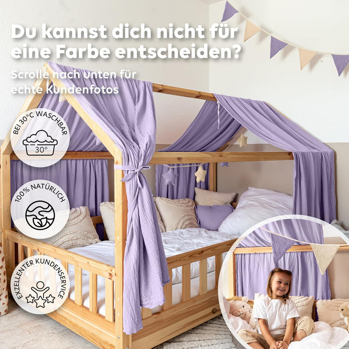 Hausbett Himmel mit Gold Applikation [in 12 Farben] Betthimmel Hausbett aus 100% Baumwolle Musselin