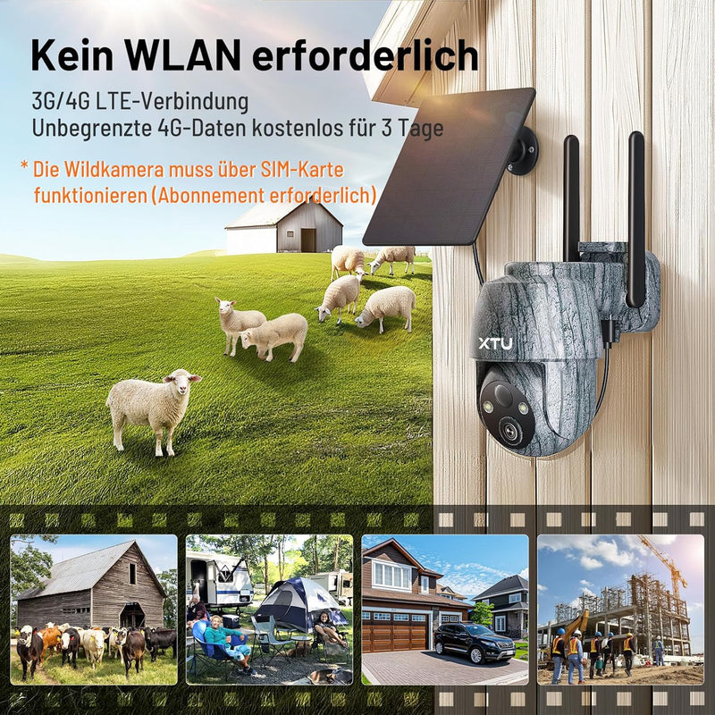 XTU 3G/4G LTE Wildkamera mit SIM Karte - Solar Wildtierkamera mit Handyübertragung App,2K Überwachun