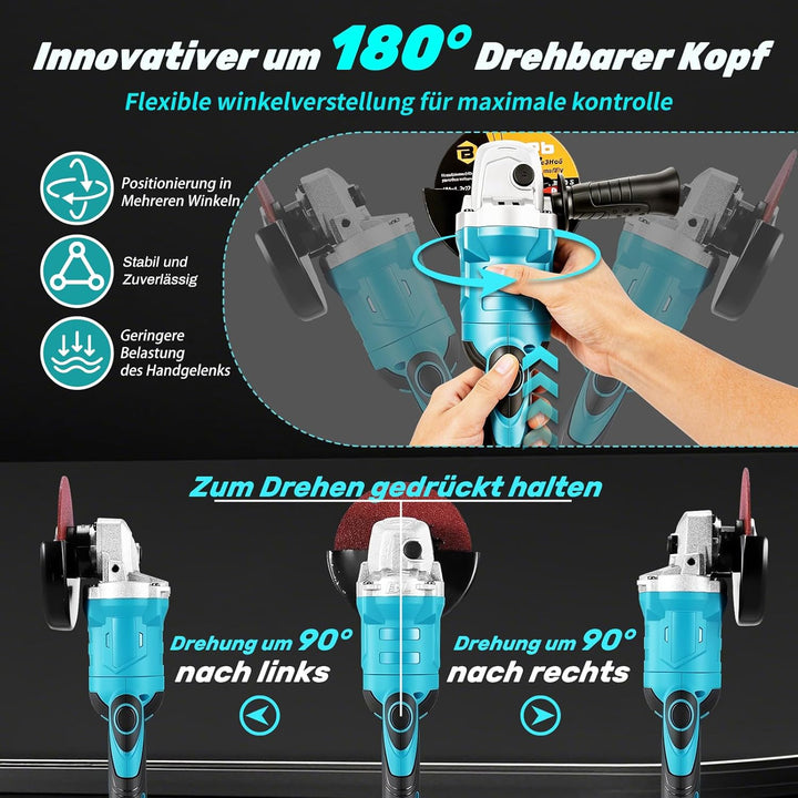 Yofuly Akku Winkelschleifer fur Maa-kita 18V Batterie, Akku Flex mit 2 * 4.0Ah Batterie, 180°Drehbar