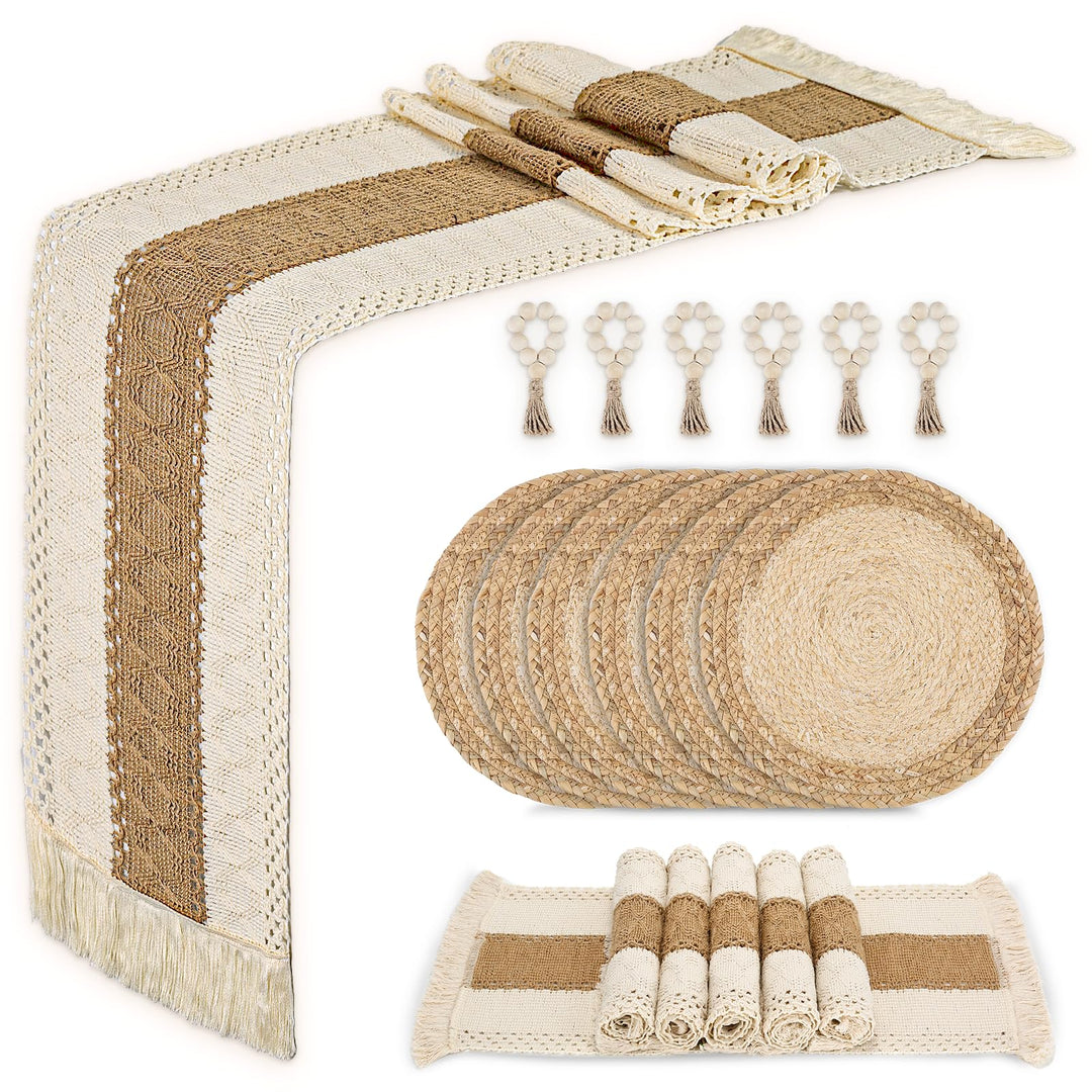 6 Stück Tischsets mit Ladeteller, Tischsets und Serviettenringe, hergestellt aus natürlichem Baumwol