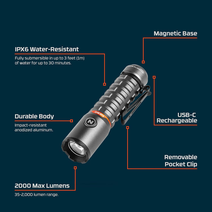 NEBO Torchy 2K Taschenlampe & Arbeitsleuchte - USB-C Wiederaufladbare Camping- & Arbeitstaschenlampe