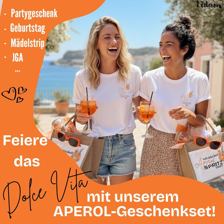 Aperol Spritz Geschenkset | Jutetasche mit Aperol T-Shirt Damen, Trinkglas mit Strohhalm | Sommer Ge